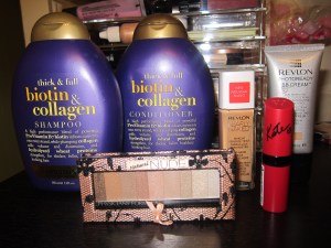  Organix Biotin & Collagin Shampoo & Conditioner (for full and thick hair) Revlon Nearly Naked Foundation in Warm Beige, Revlon Photoready BB cream, Physicians Formula Natural Nude eyeshadow palette and the Kate spade edition lipstick by Rimmel # 110. 