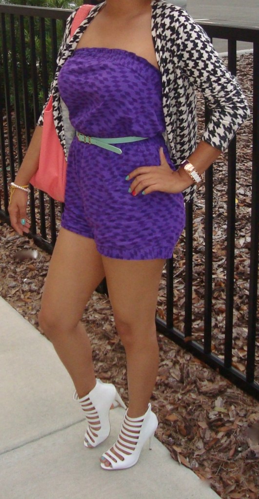 White Caged Heels -Shoedazzle Belt- Forever 21 Romper- Walmart Coral Bag- Ross Stores (Roxy Name Brand) Twist Wire Head Piece- American Apparel