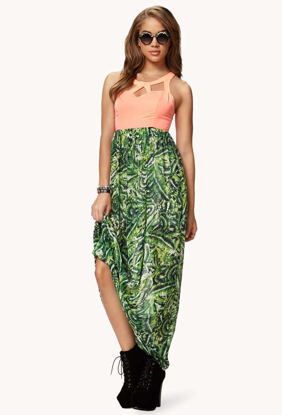 Sleeveless maxi dress with a caged neon bodice and tropical leaf skirt, racerback and cutout lower back detail. South of the Equator Maxi Dress- $37.80
