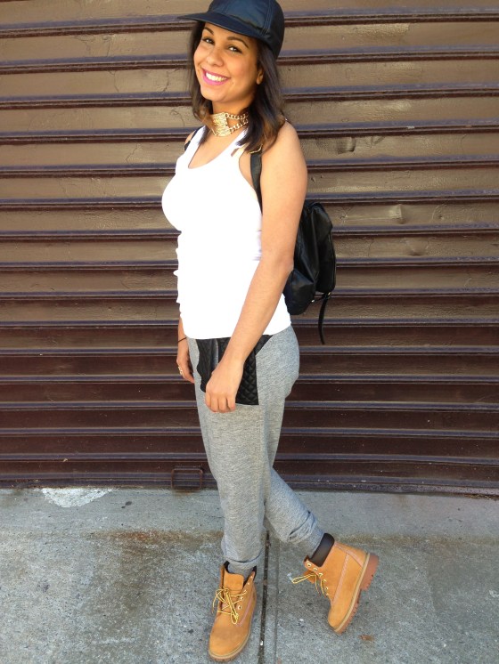 fashion,fblogger,blog,newyork,timbs,cap,leather,sweats,girl,