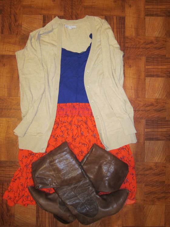 Bright Orange skirt & Cardigan from Old Navy Blueish-purple tank from H&M  Boots: Lucky Brand