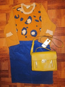 Dressy: Phillip Lim Leopard silk sleeved sweater, top handle crossbody bag and Old Navy corduroy blue skirt