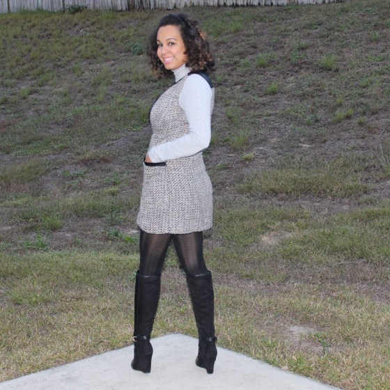 curls, target, tights, boots, knee highs, turtle neck, ootd, casual, outfit of the night, 