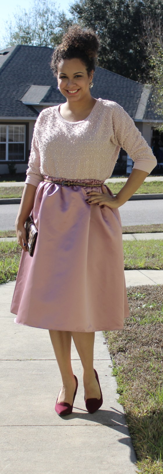 urban outfitter, blush, a line, skirt, heels, pumps, oxblood, sweater,forever 21