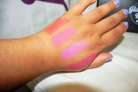 I chose 4 colors to swatch. As you can see they are pretty much true to the shade in the palette. They apply a bit more sheer, so building on the color is recommended.