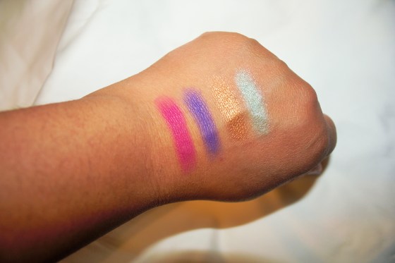 I again chose 4 colors to swatch for you and as you can see they have a lot of pigment to them. Note: to further intensify color you can always add Mac fix plus or believe it or not eyedrops, just dip your eyeshadow brush in whichever solution you choose pick up some product add to your lids and boom! flawless color