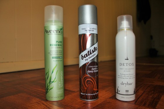 Left-Right Aveeno Pure Renewal Dry Shampoo, Batiste Dry Shampoo (for dark and deep brown hair) and Drybar Detox Dry Shampoo for brunettes