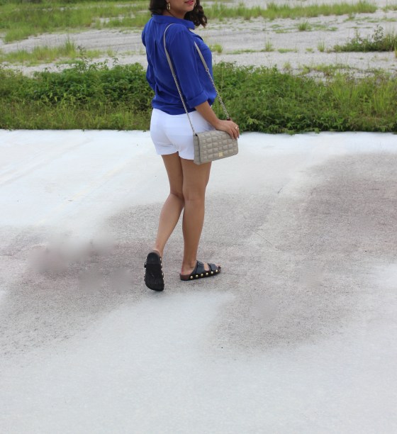 faux birkenstocks, royal blue blouse, kate spade