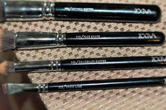 Top to Bottom:  #103 Defined Buffer: Perfect for detailed application and  buffing ie; foundation #110 Face Shape: Perfect for precise and detailed contouring #142 Concealer Buffer: perfect for gentley blending out concealer #322 Brow Line: sharp brush perfect for cream and powder brow products 