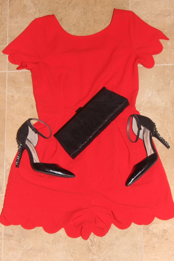 red scalloped jumpsuit, play suit, monteau los angeles, sam & libby spiked dahlia heels