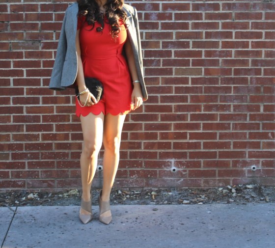 red scallop hem playsuit nude pumps forever 21 furry chain clutch, blazer, jessica simpson