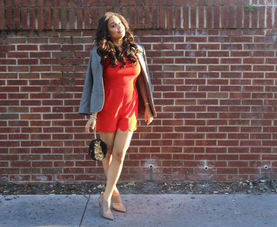 red scallop hem playsuit nude pumps forever 21 furry chain clutch, blazer, jessica simpson