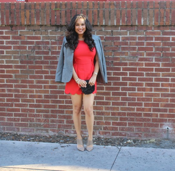 red scallop hem playsuit nude pumps forever 21 furry chain clutch, blazer, jessica simpson