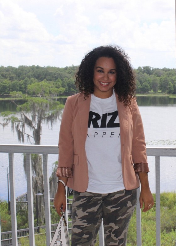 frizz happens, curly hair, ootd, camo, nude heels, kate spade, black and white