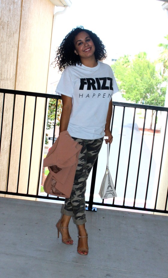 frizz happens, curly hair, ootd, camo, nude heels, kate spade, black and white