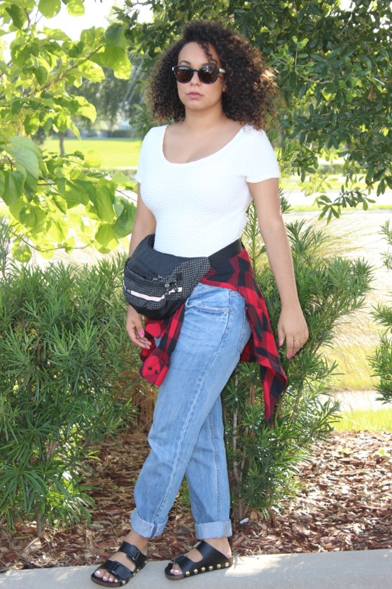 ootd, fblogger, fashion, plaid, boyfriend jeans, north face fanny pack